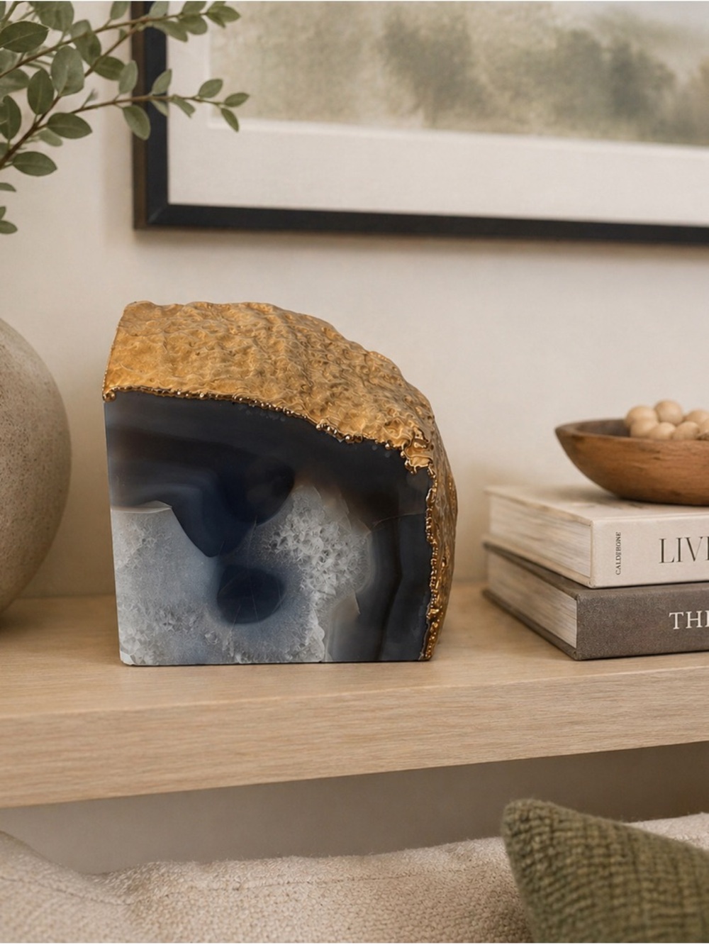 Blue and White Agate Geode Bookend with Gold Edge